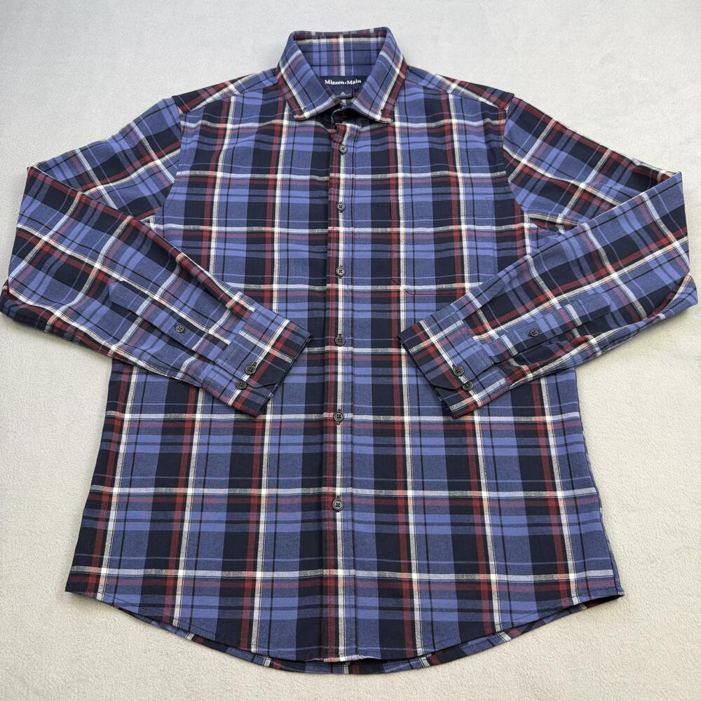 Mizzen+Main Shirt Mens Medium Blue Plaid Flannel Long Sleeve Trim Fit Button Up